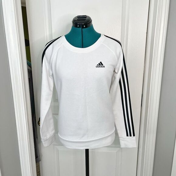 Adidas Classic Stripes Crewneck Long Sleeve Pullover Cotton Blend Sweatshirt - Picture 9 of 13